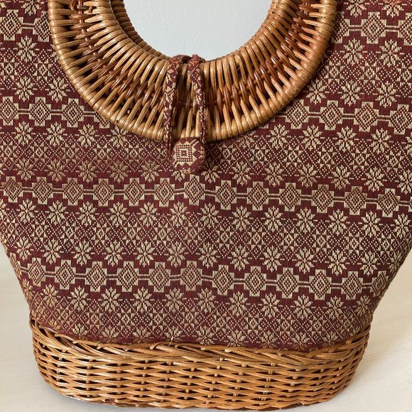 Burgundy & Gold Fabric / wicker bag - Picture 5 of 5